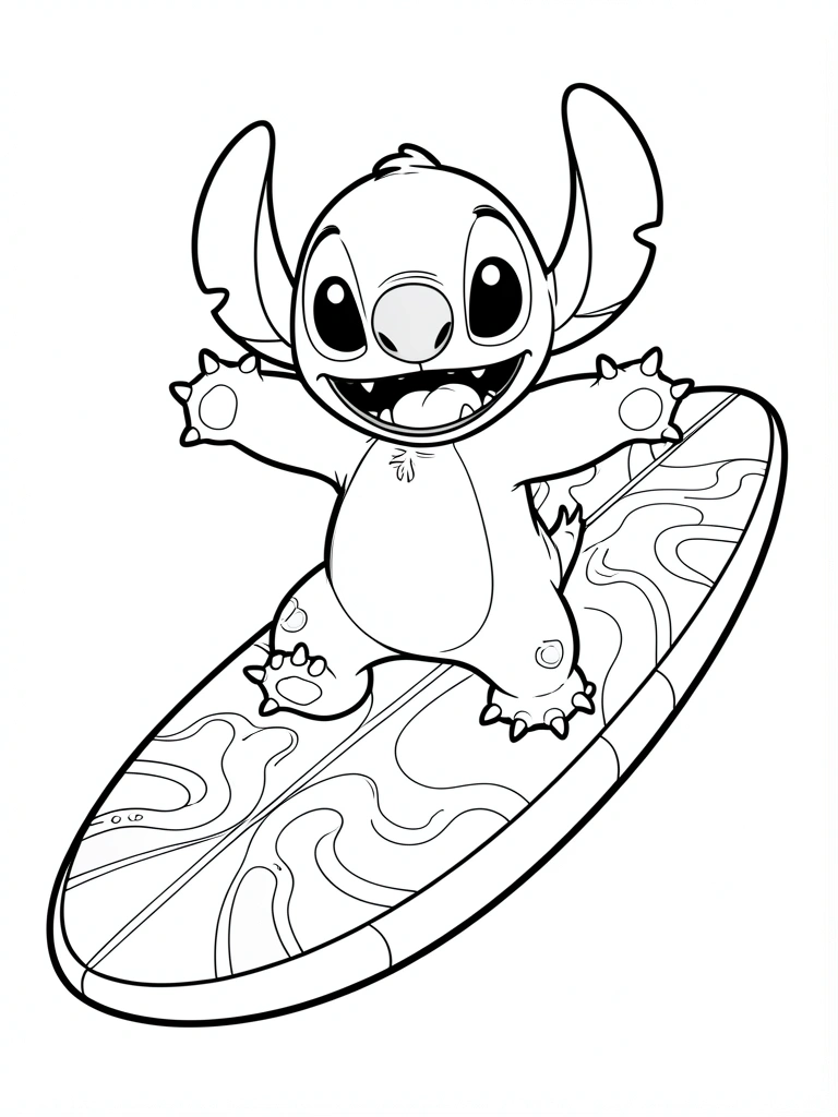 Stitch sorrindo em pé sobre uma prancha de surf inflável grande, traços pretos nítidos em fundo branco, estilo de livro de colorir.