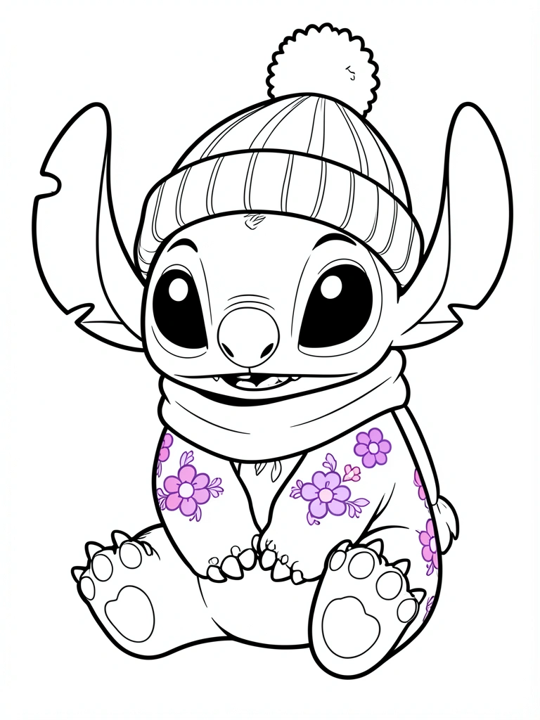 Página de colorir com Stitch alienígena usando gorro e cachecol, detalhes florais roxos e rosa, traços pretos nítidos, fundo branco puro.