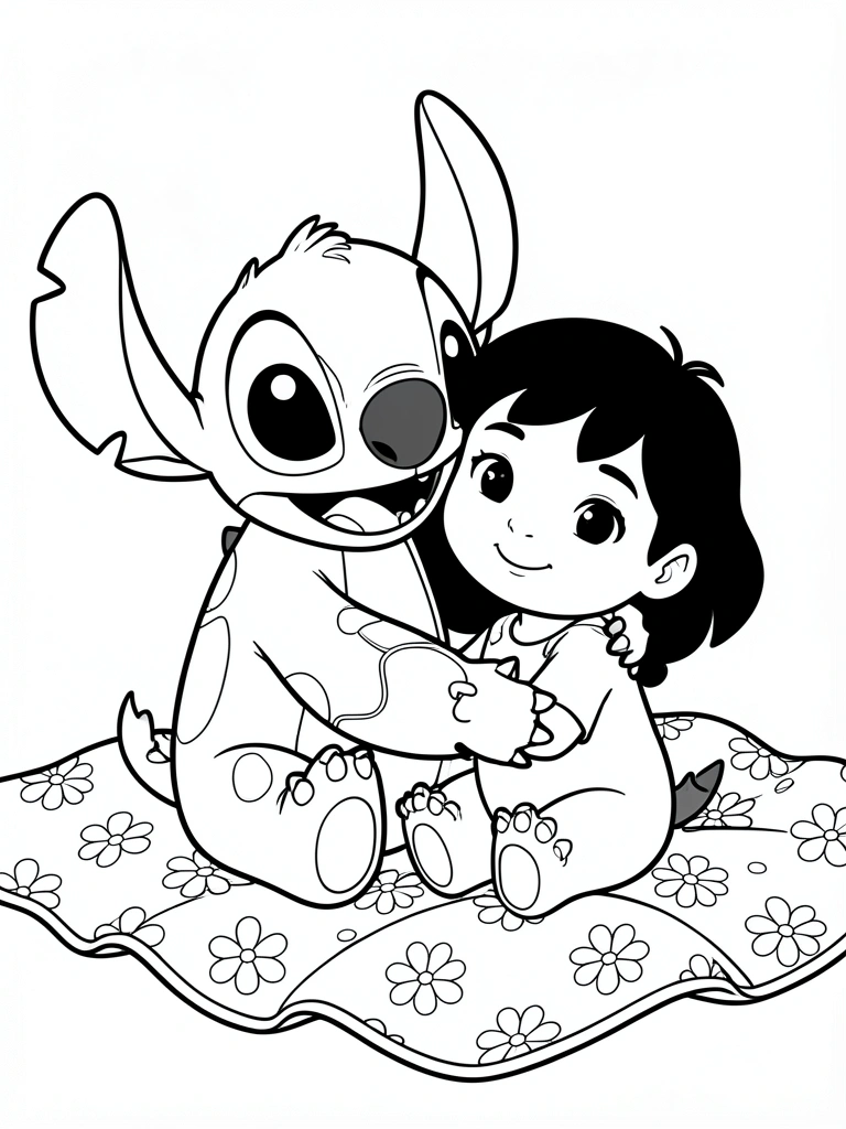 Desenho em preto e branco de Stitch abraçando Lilo sentados em uma manta com estampa floral, traços limpos e fundo branco.