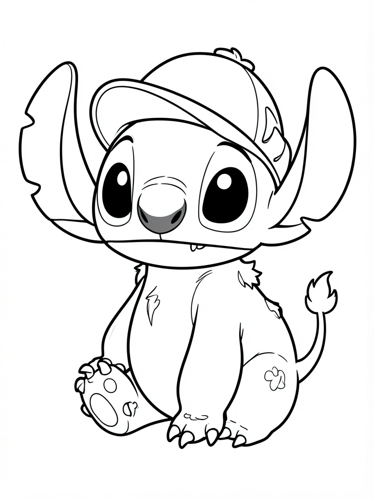 Desenho em preto e branco de Stitch com orelhas grandes, chapéu dobrado e cauda felpuda, fundo branco puro.