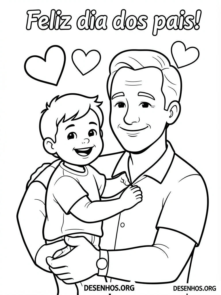 Pai e filho sorrindo, dois corações acima, texto 
