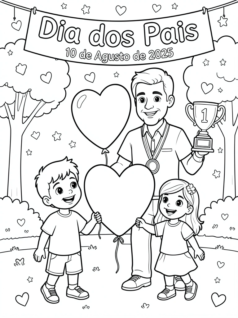Pai segurando as mãos dos filhos com balão em forma de coração, faixa 