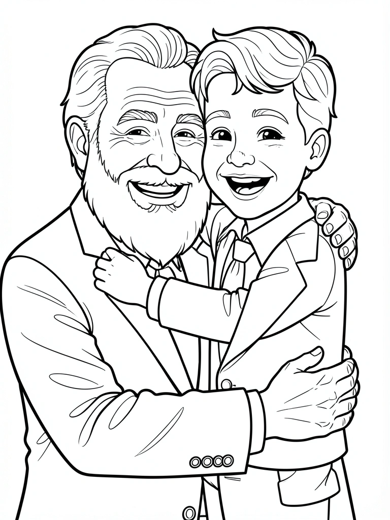 Desenho em preto e branco de avô com barba branca e neto de terno, abraçados, sorrindo, traços limpos, fundo branco.