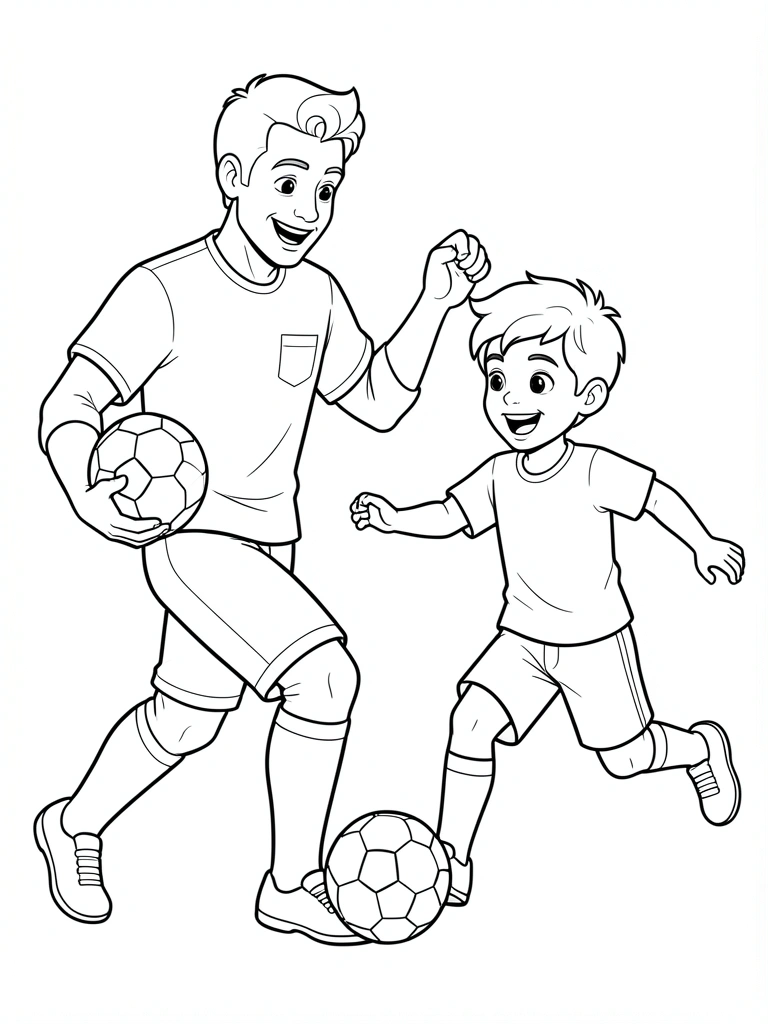Pai e filho em traços pretos sobre fundo branco, pai segurando bola de futebol, filho correndo em pose dinâmica, camisa com bolso.