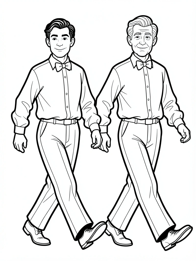 Dois homens em trajes antigos, um jovem e um idoso, andam lado a lado em estilo de arte linear preto e branco, fundo branco puro.