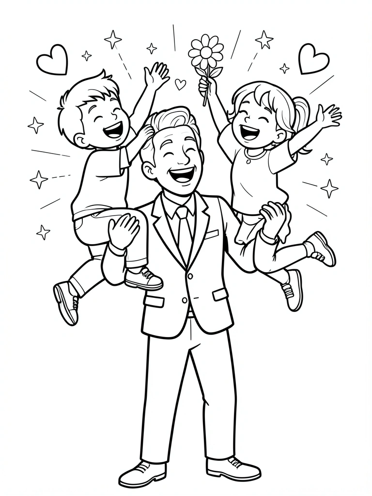 Pai de terno e gravata segurando filho e filha sorridentes no ar, corações e estrelas ao redor, traços pretos sobre fundo branco.