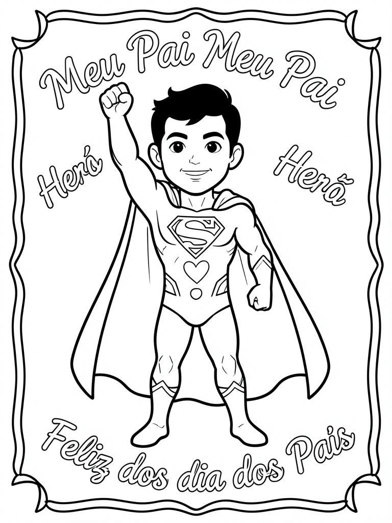 Desenho em preto e branco de super-herói com capa e emblema 