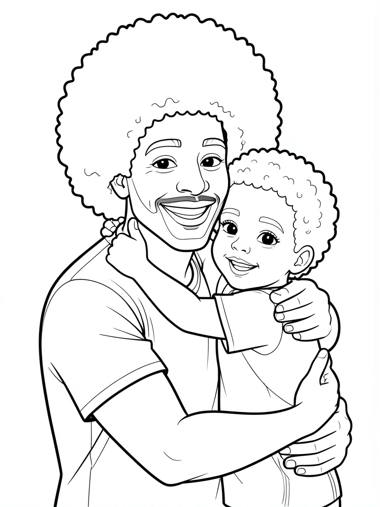 Pai com afro abraça filho pequeno que aponta o polegar, traços limpos em preto e branco estilo livro de colorir.