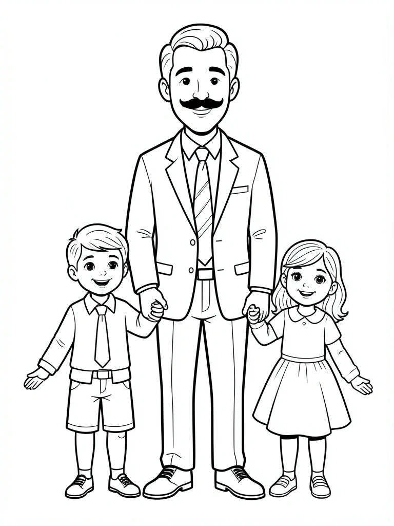 Pai de bigode e terno segurando as mãos de um menino e uma menina sorrindo, desenho em preto e branco para colorir.
