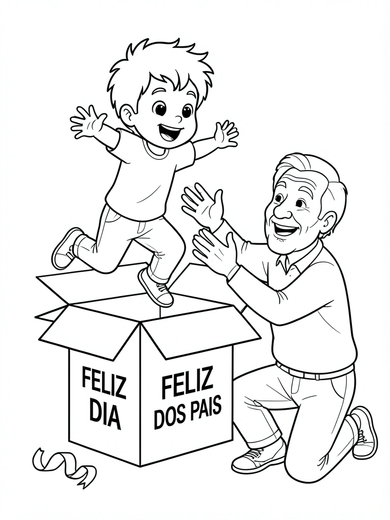 Desenho em preto e branco de menino pulando de caixa de papelão enquanto homem mais velho se abaixa para pegá-lo; caixa rotulada 