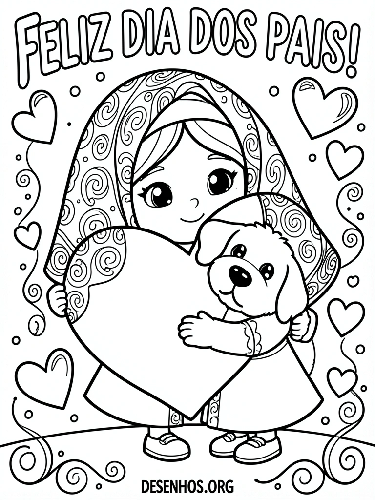 Garota com lenço estampado abraça balão em formato de coração, cachorro encostado, corações e texto 