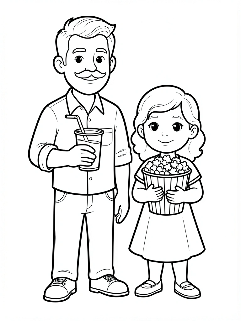 Pai com bigode segurando copo com canudo e filha de vestido com balde de pipoca, arte linear preto e branco.