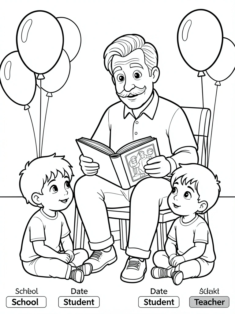 Desenho em preto e branco, estilo livro de colorir, de um homem com bigode lendo para três crianças sentadas no chão, com balões ao fundo.