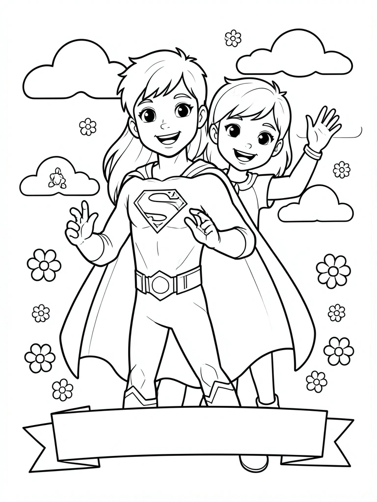 Desenho infantil em preto e branco: menino de capa de super-herói e menina acenando entre nuvens e flores, com faixa decorativa abaixo.