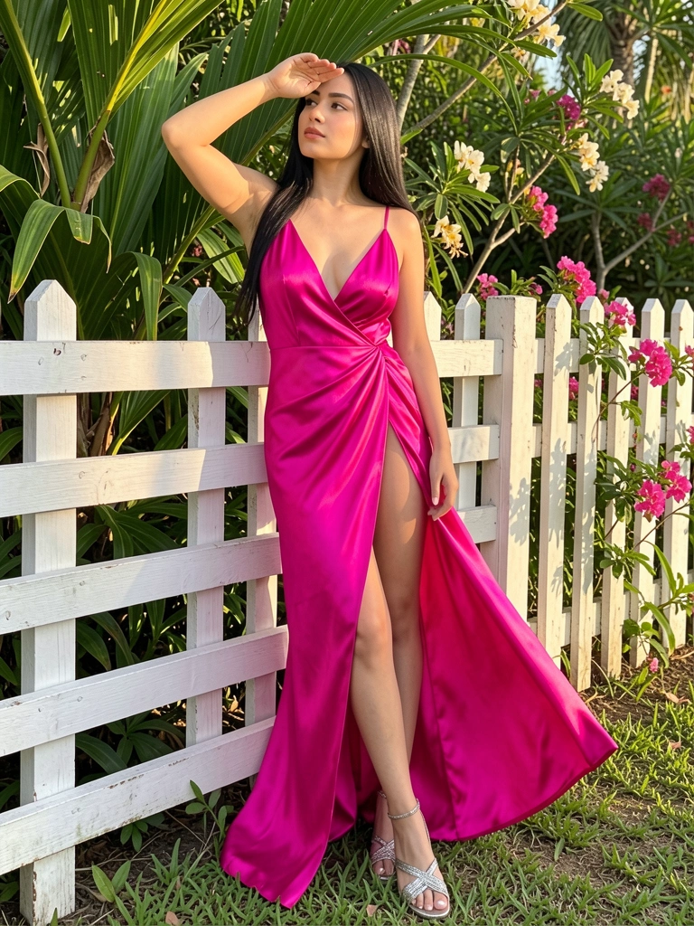 Mulher de vestido fúcsia com decote profundo e fenda, encostada em cerca branca, mão na testa contra luz do dia, folhagens ao fundo.