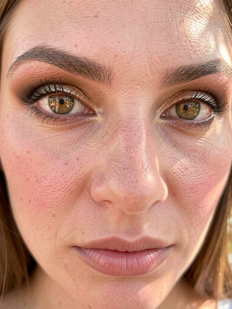Close-up de olhos castanho-claros com sombra esfumada e brilho dourado, pele com textura realista e bochechas rosadas, luz natural difusa e fundo desfocado.