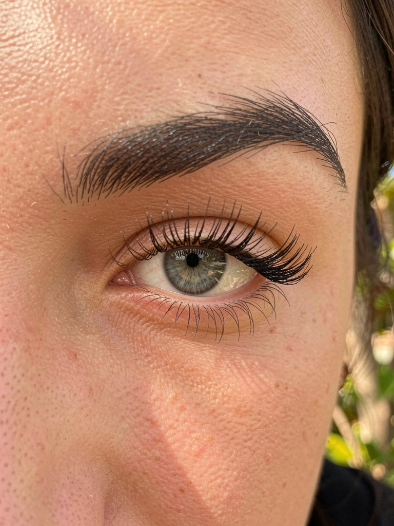 Close extremo de olhos femininos com cílios longos e pretos, pele com textura detalhada e luz difusa destacando a pálpebra.