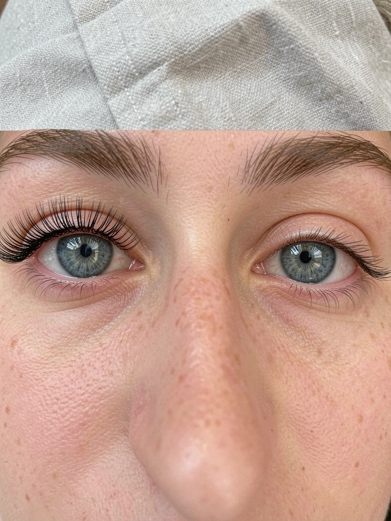 Olhos azul-acinzentados com cílios alongados em formato raposa à esquerda e mais arredondados à direita, iluminados por luz natural difusa sobre fundo de linho cinza claro.