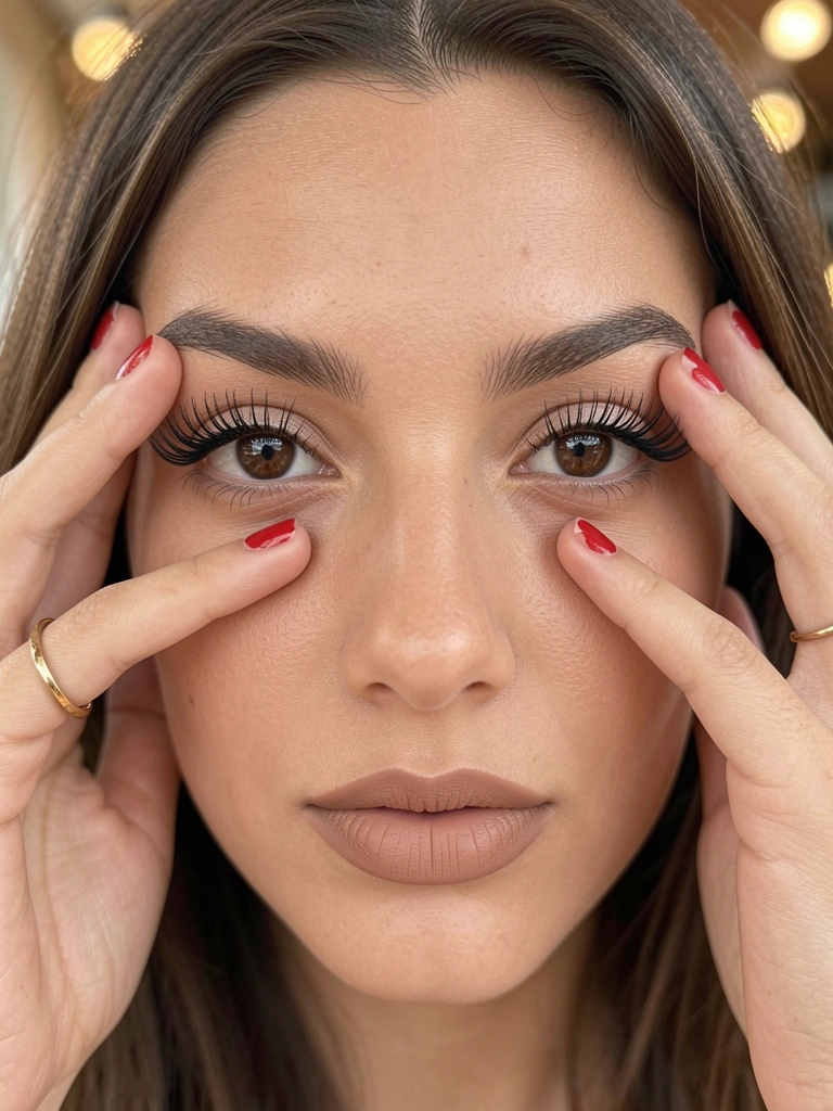 Jovem com olhos amendoados, cílios longos e pretos, lábios nus e anel de ouro, mãos tocando as pálpebras com unhas pintadas com corações vermelhos, luz natural difusa.