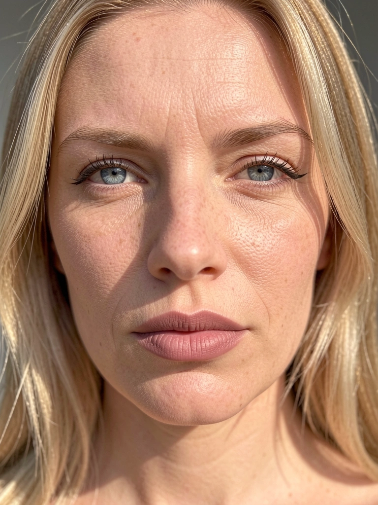 Mulher de cabelo loiro claro e olhos azuis, close-up com textura de pele visível e batom rosa suave, iluminação difusa e fundo cinza neutro.