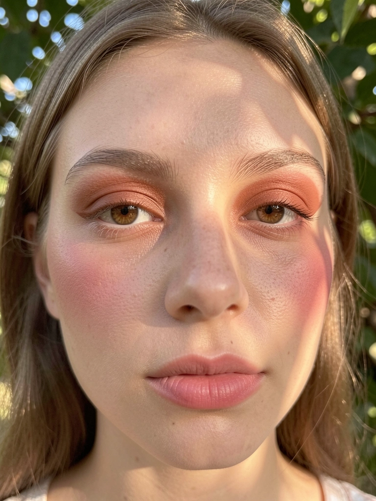 Retrato de jovem com olhos amendoados, sombra terracota esfumada e blush rosado nas maçãs do rosto, luz difusa e fundo desfocado com folhagens.