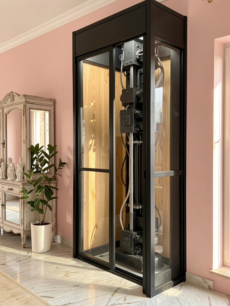 Elevador preto com vidro e interior de madeira clara em sala com parede rosa e piso de mármore, luz natural entrando por janela.