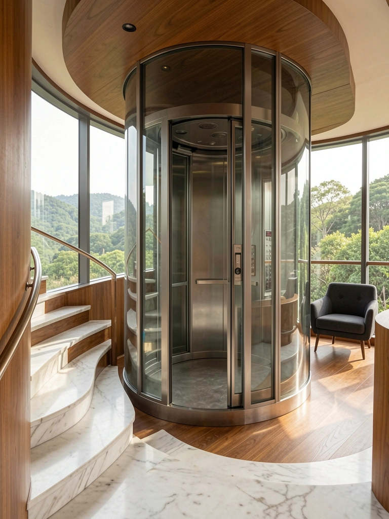 Curvatura de parede de madeira e vidro em elevador moderno com escada de mármore branco, poltrona cinza escura e vista de colinas verdes pela janela panorâmica.