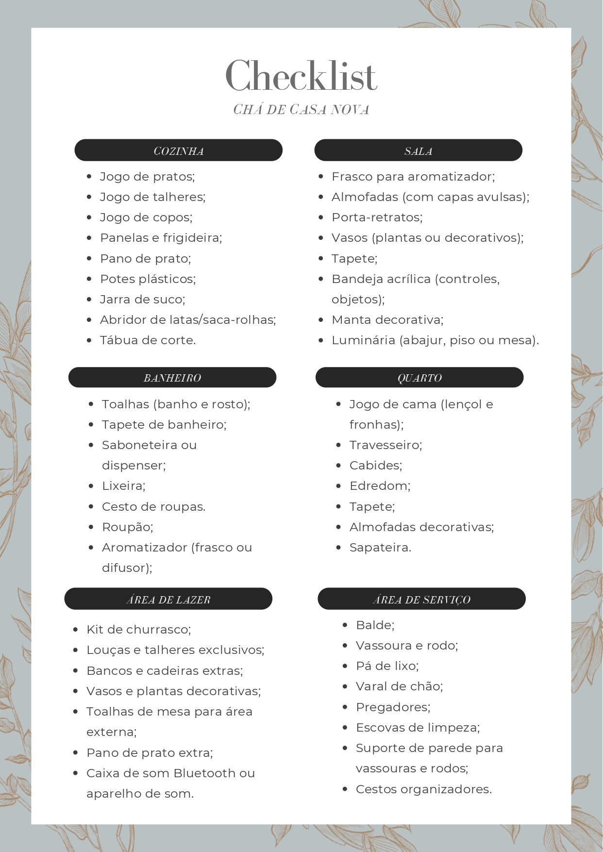 lista de enxoval para casa nova completa