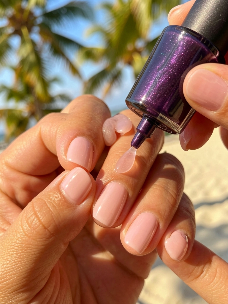 Mãos femininas aplicando esmalte gel rosa translúcido com pincel, frasco roxo escuro cintilante ao lado, luz natural quente e fundo desfocado.