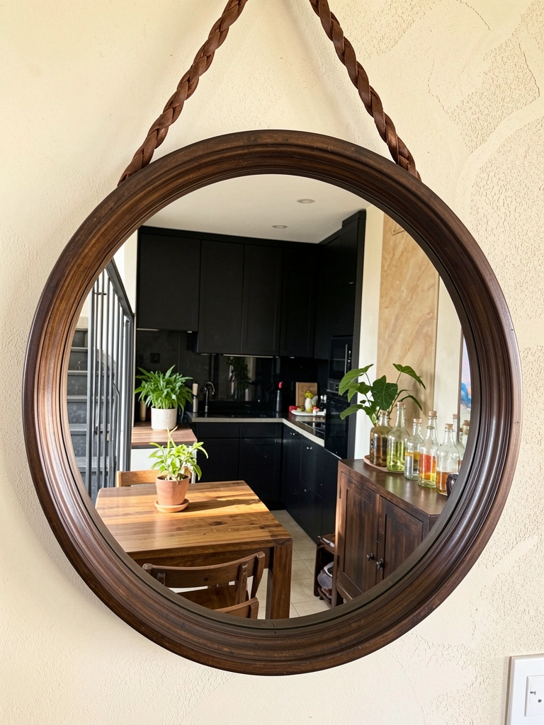 Arandela de metal preta pendurada sobre uma mesa de centro de madeira escura com um vaso de cerâmica branca e um livro aberto, luz natural lateral.