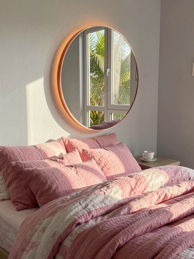Espelho redondo de cobre com leve brilho LED refletindo cama de linho rosa e almofadas amassadas, parede cinza claro e mesa de cabeceira com xícara branca.