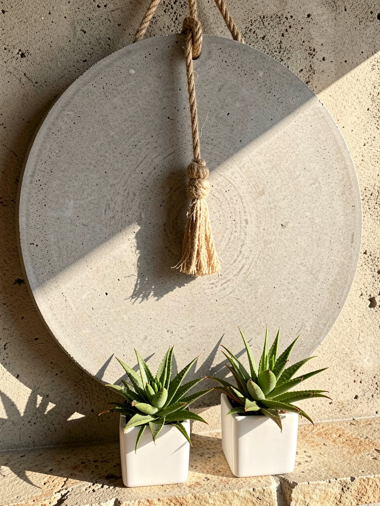 Espelho redondo de concreto cinza pendurado por corda de sisal sobre suculentas verdes em vasos brancos quadrados, com luz natural e parede texturizada ao fundo.