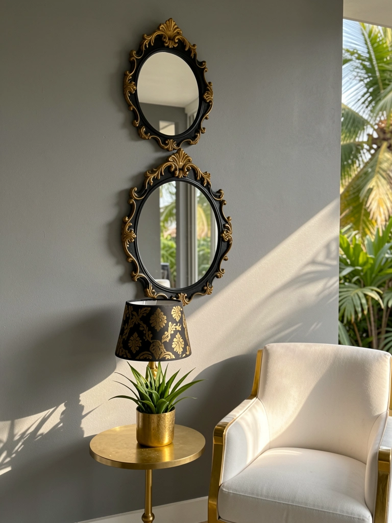 Três espelhos dourados ornamentados empilhados verticalmente em parede cinza, mesa redonda com abajur preto e dourado, poltrona branca com detalhes dourados, luz natural.