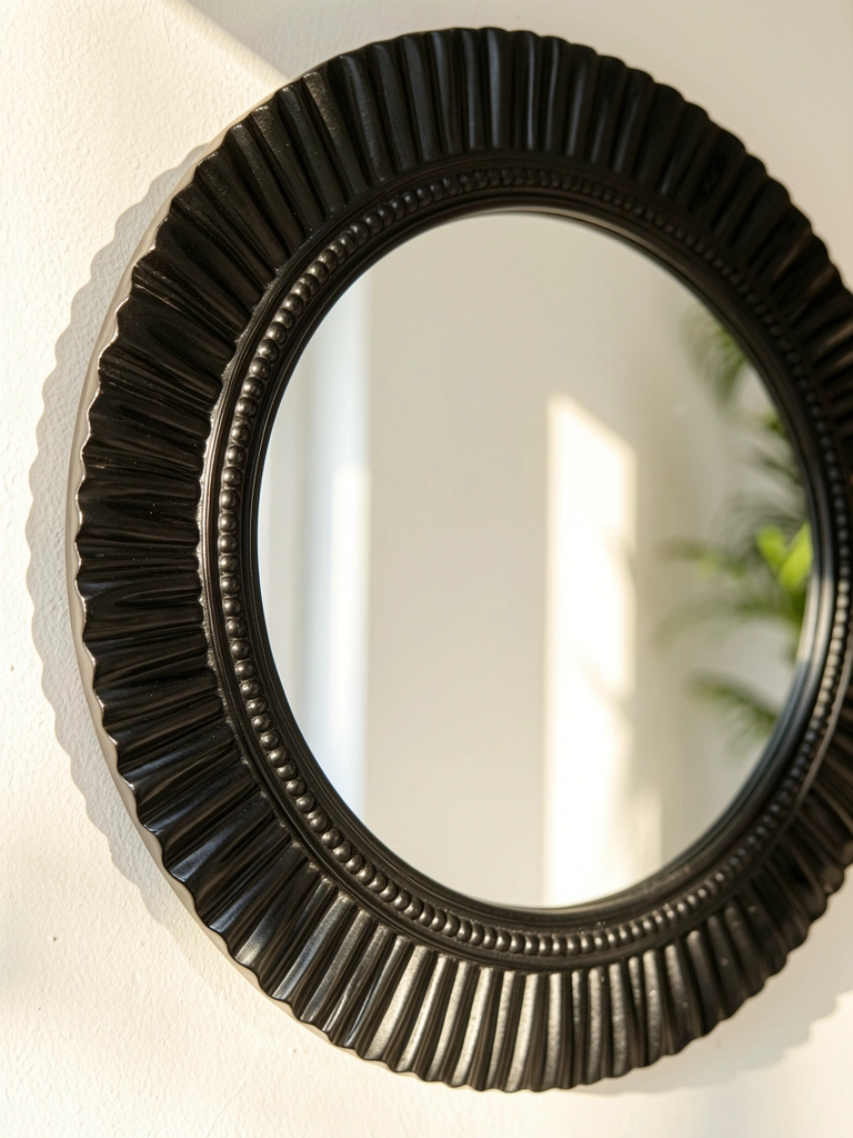 Espelho circular preto com moldura entalhada reflete parede branca desfocada, luz natural quente e sombras suaves.