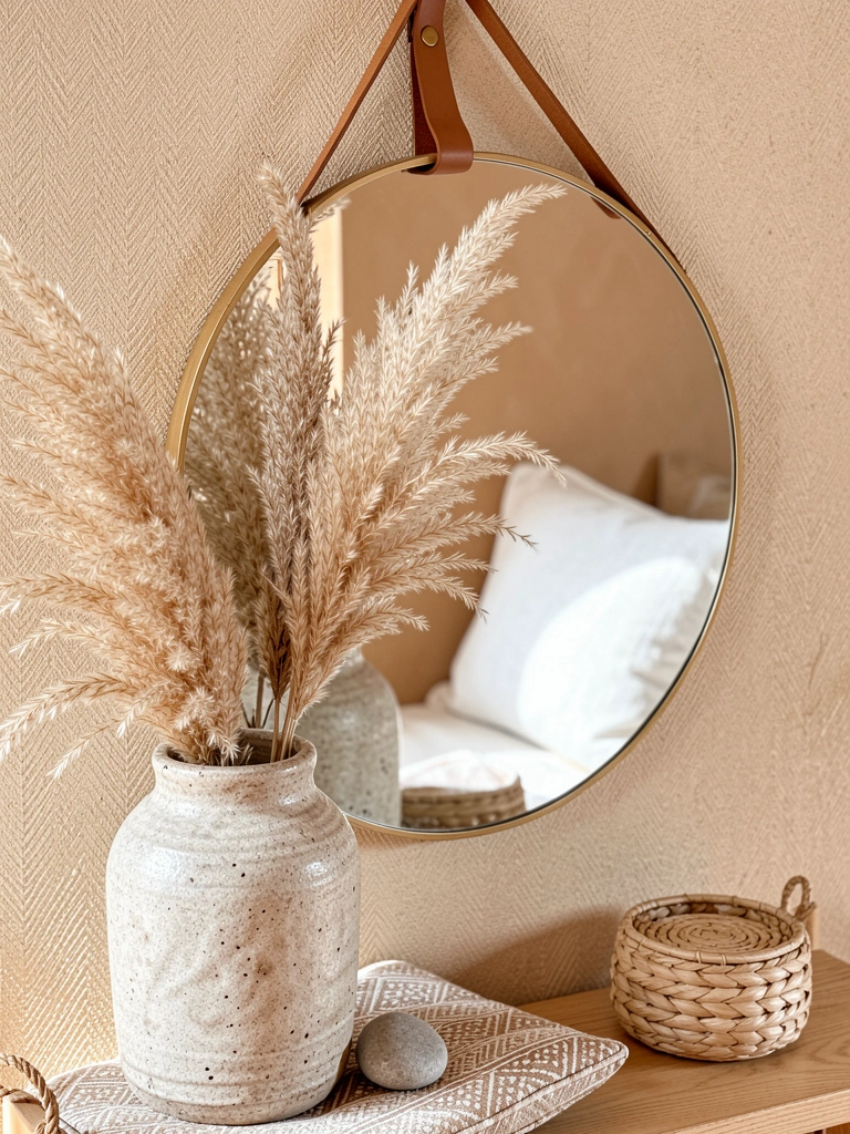 Espelho redondo com alça de couro reflete vaso cerâmico texturizado com capim-dos-pampas e pedra cinza, luz natural e parede bege ao fundo.