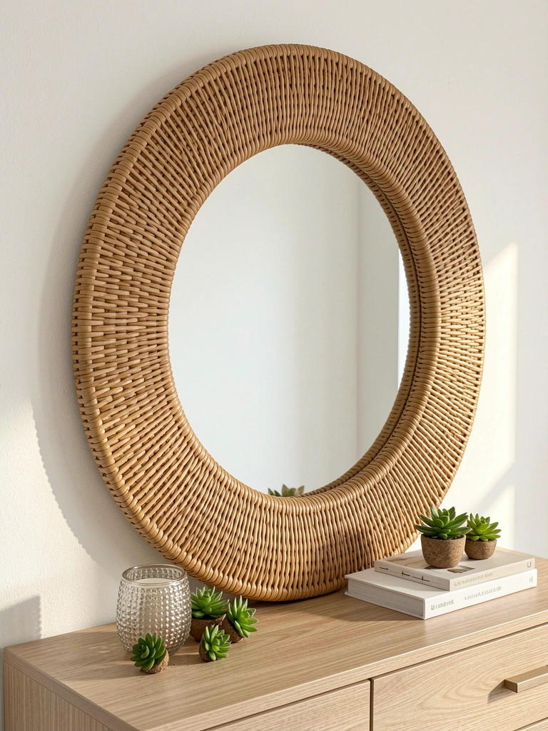 Espelho grande de rattan natural sobre cômoda de madeira clara, refletindo castiçal de vidro texturizado e livros empilhados; suculentas verdes na frente, luz natural suave.