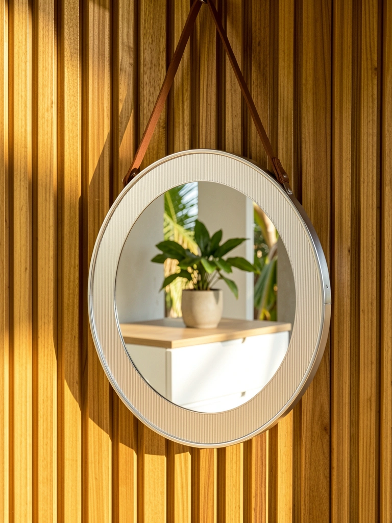 Espelho redondo prateado pendurado em parede de ripas de madeira dourada, refletindo cômoda branca com vaso de planta verde, luz natural.