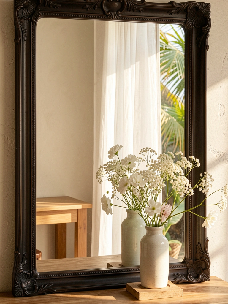 Espelho escuro e ornamentado reflete cortina branca e vaso de cerâmica com flores sobre mesa de madeira, luz natural intensa.