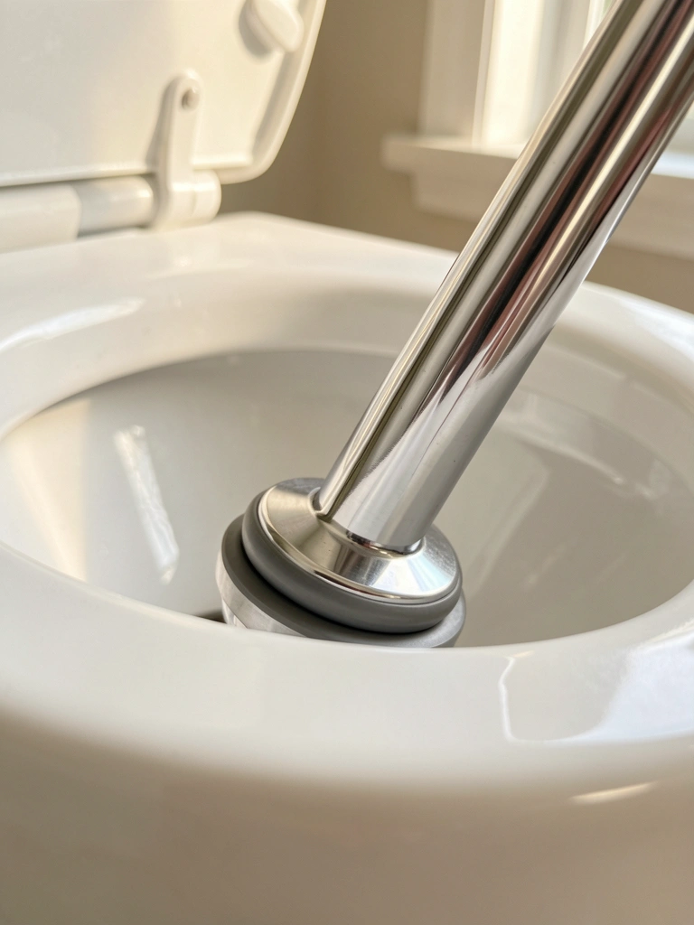 Conexão de um spud cromado com vedação de borracha no ralo de uma privada de porcelana branca, luz natural difusa e fundo arejado.