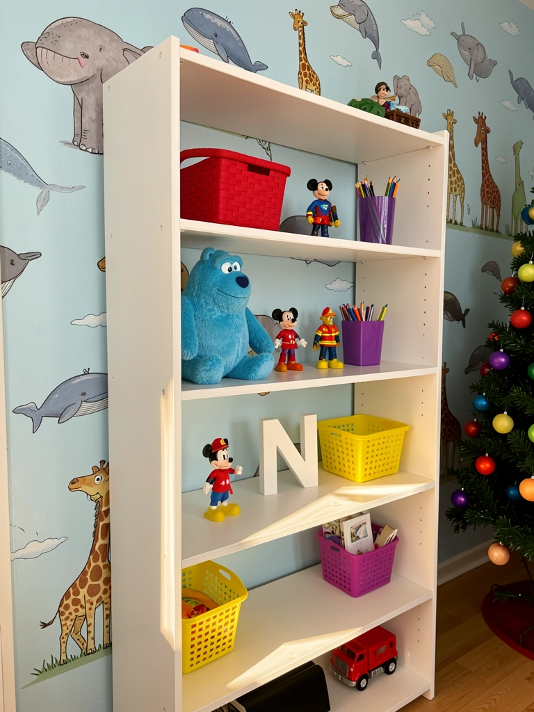 Brinquedos e objetos coloridos em estante branca de MDF contra parede azul com mural de animais, luz natural do dia.