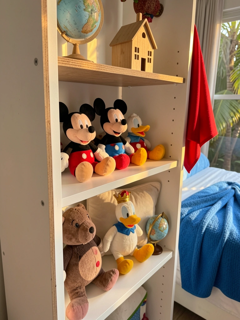 Prateleira branca de MDF e madeira com pelúcias de Mickey, Donald e almofada king, luz natural tropical e cobertor azul ao fundo.