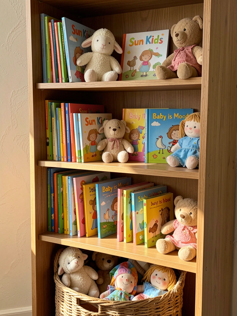 Luz natural incide sobre estante de madeira com livros infantis coloridos e bichos de pelúcia, como carneiro e urso, em prateleiras.