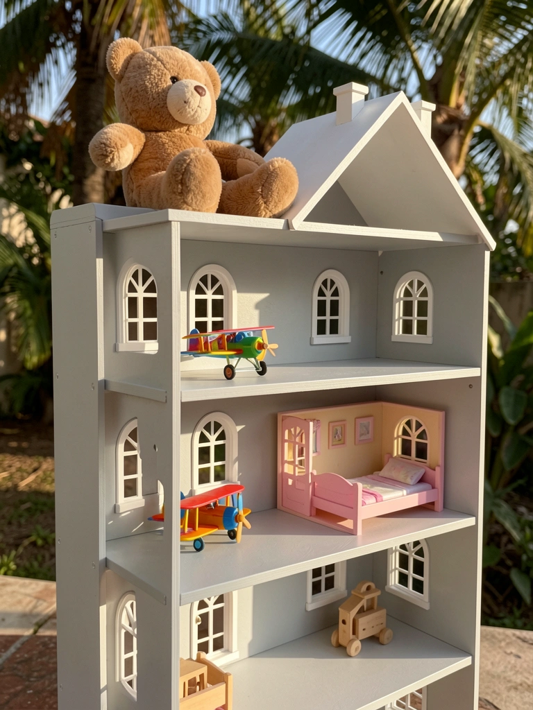 Estante de casinha branca com urso de pelúcia, avião colorido e miniatura de casa com cama rosa, luz natural.