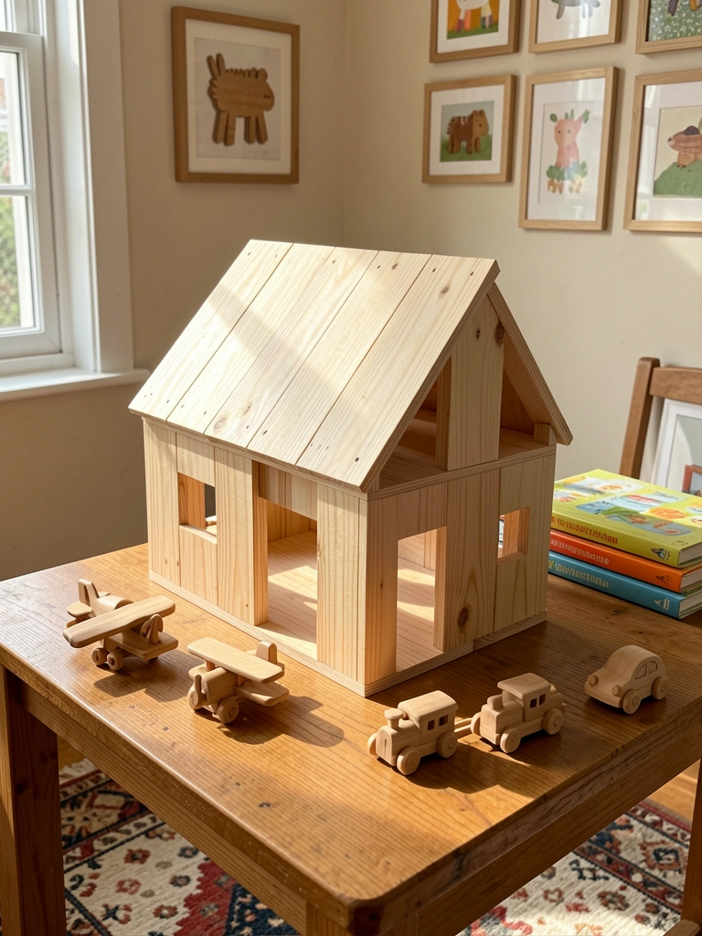 Casa de bonecas de madeira clara sobre mesa de madeira, cercada por avião, trem e carrinho de brinquedo, com livros infantis empilhados e luz natural suave.