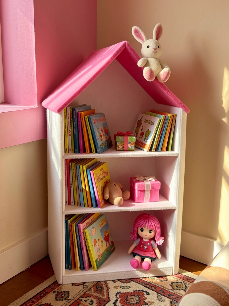 Mini estante rosa em formato de casa com livros infantis, pelúcias e uma boneca, luz quente e tapete estampado no canto do quarto.