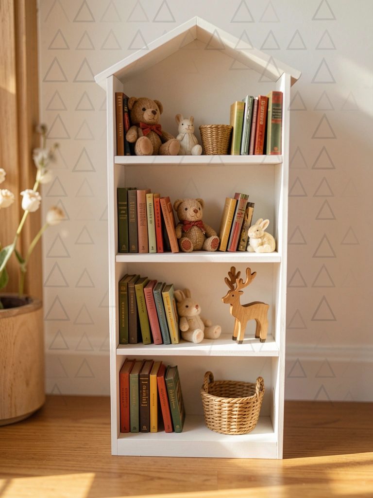 Mini estante branca de cinco prateleiras com livros em miniatura, ursinho de pelúcia, coelho de brinquedo, cesta de vime e rena de madeira, iluminada por luz natural com fundo de triângulos repetidos.