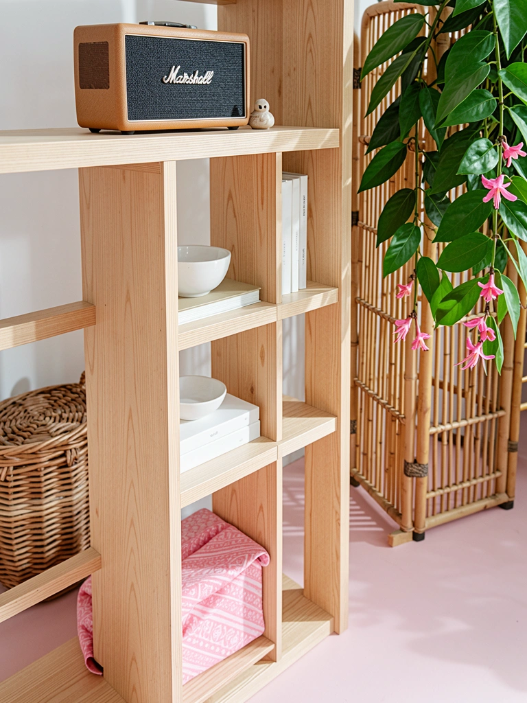 Prateleira de madeira clara com caixa de som Marshall, vaso branco, livros e planta com flores cor-de-rosa, luz natural e cesto de vime.