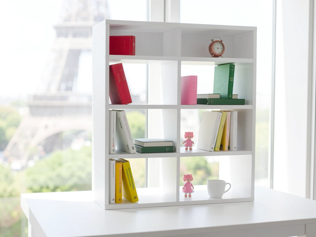 Prateleira branca com livros coloridos e relógio, Torre Eiffel ao fundo.