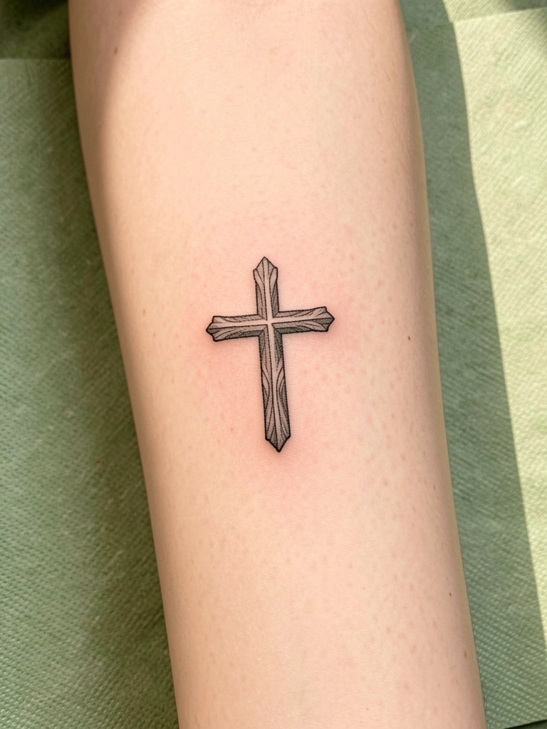 Close-up de tatuagem de cruz minimalista em antebraço pálido, traços pretos finos e sombreamento, fundo verde claro desfocado, luz natural.