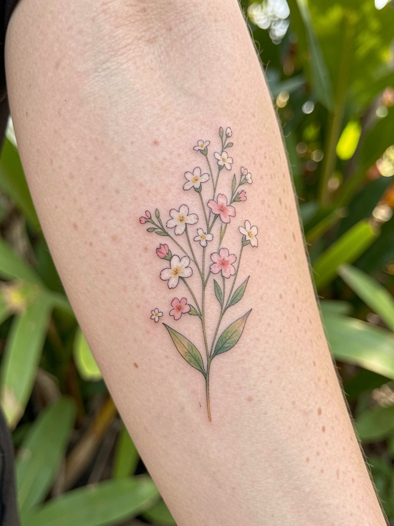 Tatuagem minimalista de flores brancas e rosas e folhas verdes em aquarela no braço, luz natural suave e fundo desfocado de folhagem.